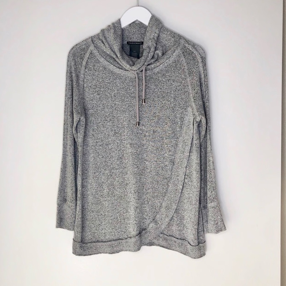 Chelsea & Theodore  Gray Cowl Neck draw string casual Sweater